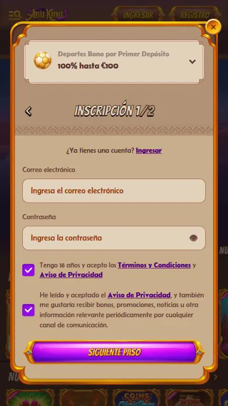 Formulario de registro en Abuking, paso 1: correo electrónico y contraseña