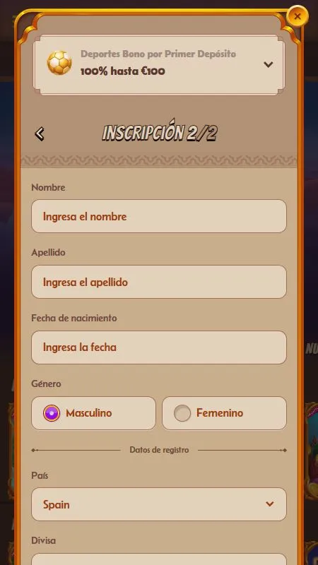 Formulario de registro en Abuking, paso 2: datos personales, país y divisa